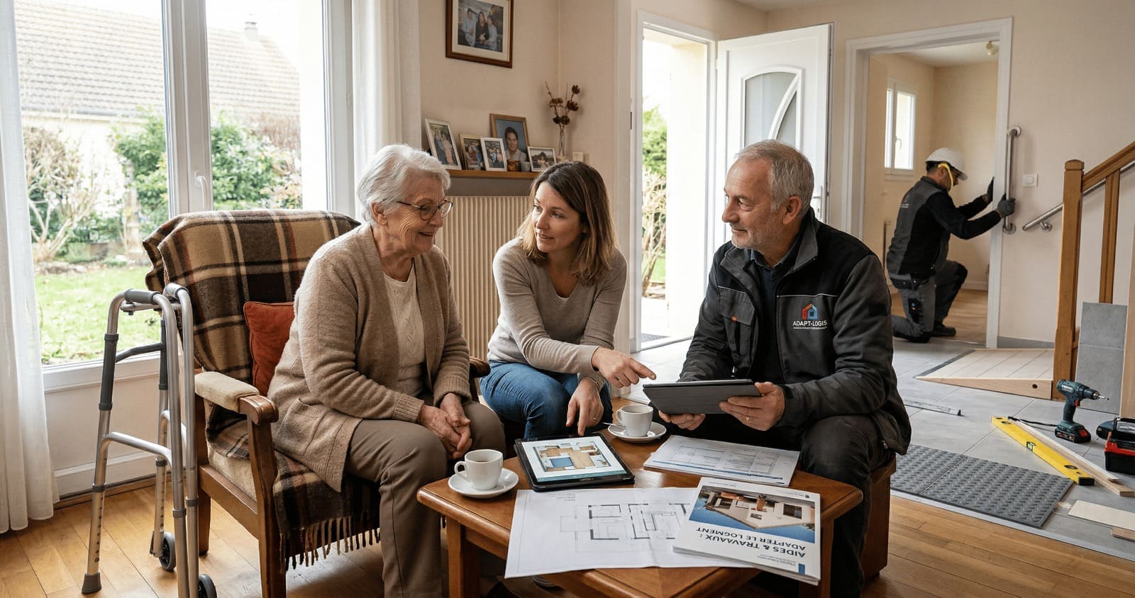 Salle de bain adaptée pour personne âgée avec barres d'appui