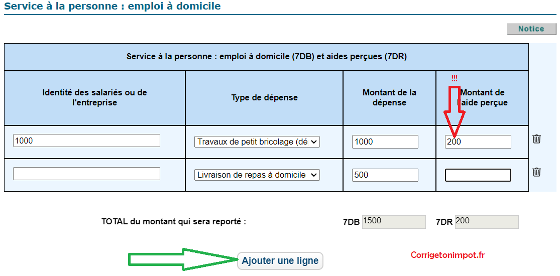 Capture écran de la grille 7DB et 7DR sur impots.gouv.fr - Service à la personne emploi à domicile