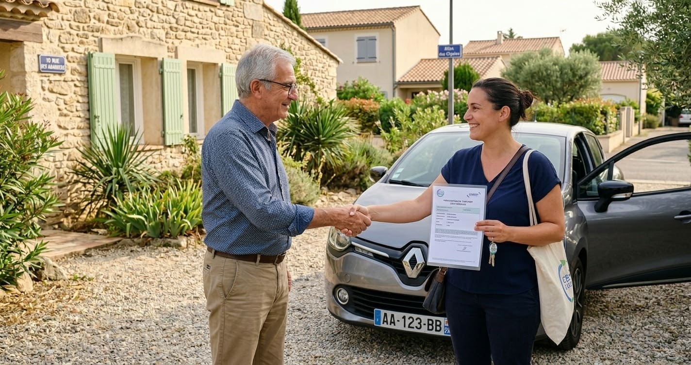 Auxiliaire de vie en voiture se rendant chez un beneficiaire CESU