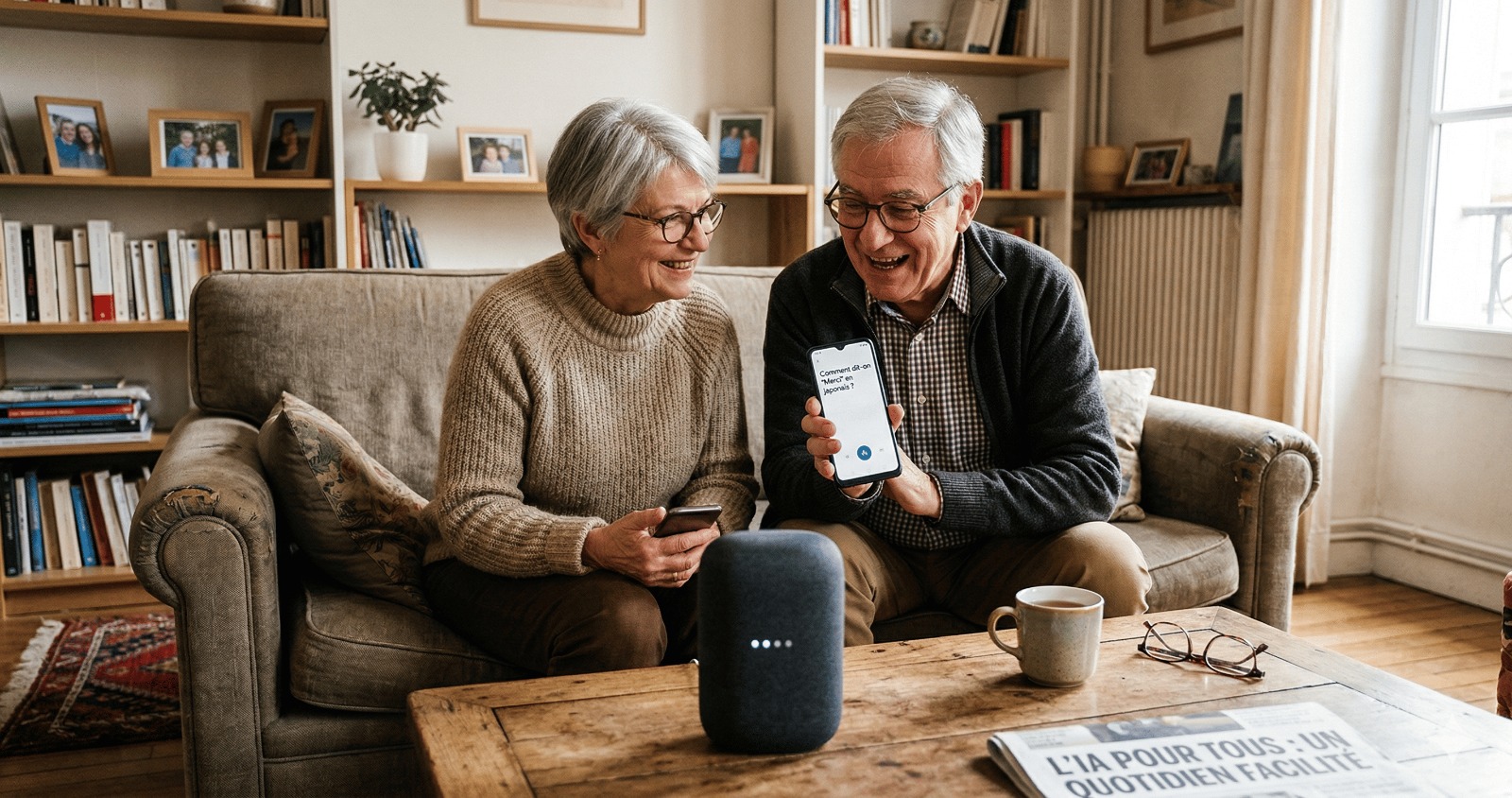 Personne âgée utilisant un smartphone avec assistant IA